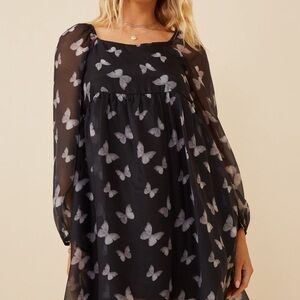 Black Butterfly Print Midi Dress